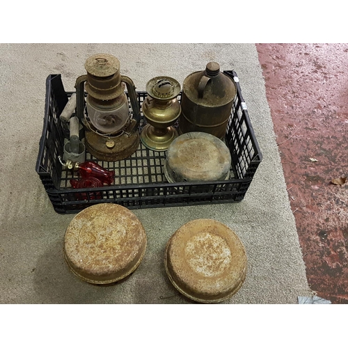 87 - Box to Include Double Burner Oil Lamp Base, Garden Sifters, Lantern etc.