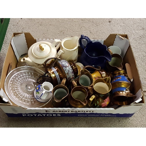 95 - Box of China & Glassware Including Cake Tazza, Lustre Jugs, Falcon Ware etc.