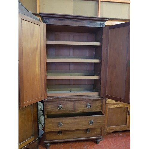 521 - Mahogany Linen Press with Double Cupboard Over Two Over Three Drawer Chest of Drawers - approx 7ft 2... 