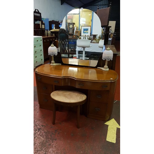 546 - Mid Century Six Drawer, Double Cupboard Golden Oak Dressing Table with Attached Lights, Single Mirro... 