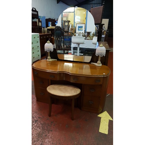 546 - Mid Century Six Drawer, Double Cupboard Golden Oak Dressing Table with Attached Lights, Single Mirro... 