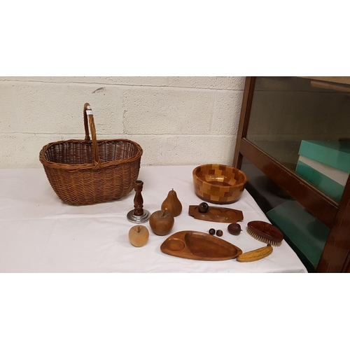 1 - Woven Basket with Quantity of Wooden Items Including Turned Wooden Fruit Bowl & Fruit.