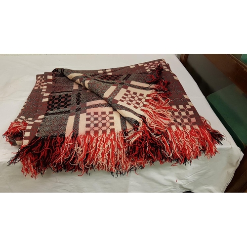 12 - Red & Black Patterned Teifi Real Welsh Woollen Blanket with Fringe Ends - some small pick holes.