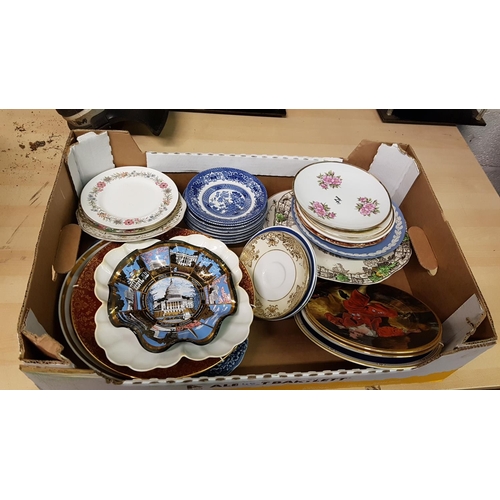 135 - Box of Assorted Plates Including Wedgwood, Paragon, Old Willow Pattern etc.