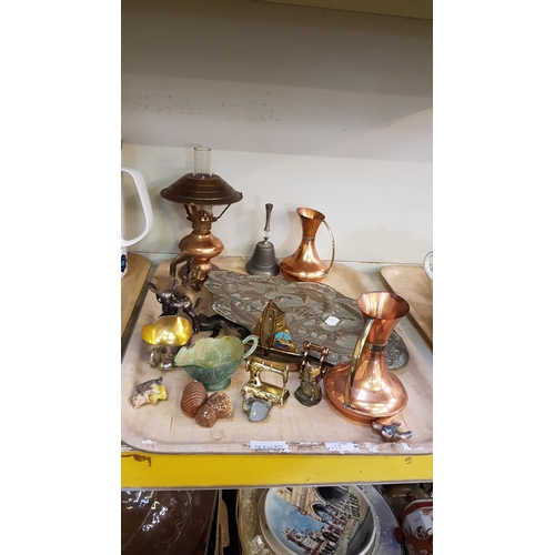 265 - Tray of Copper, Brass & Plated Ware Along with Wade Whimseys.