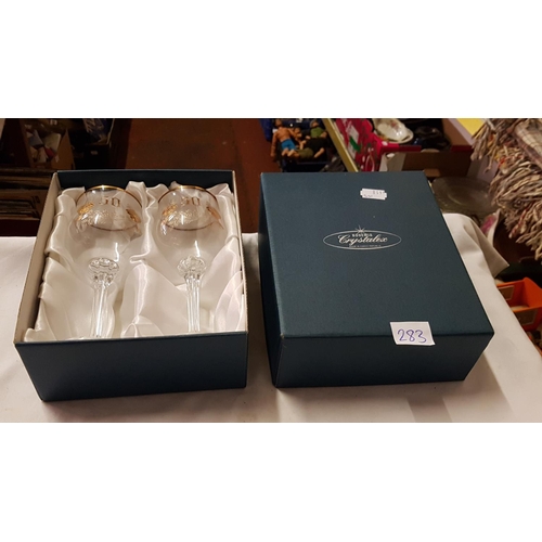 283 - Boxed Pair of 50th Anniversary Bohemia Crystal Glasses.