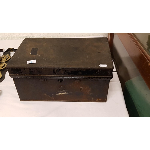 3 - Vintage Metal Cash Tin & Contents Including Horse Brasses & Leather Straps.