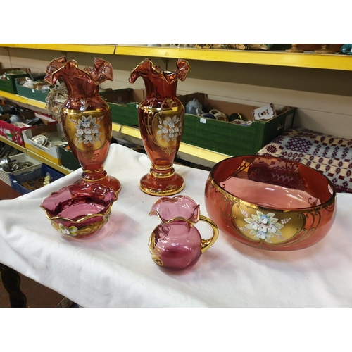 369 - Tray of Hand Decorated Bohemia Czechoslovakian Glass Ware Including Bowl, Vases etc.