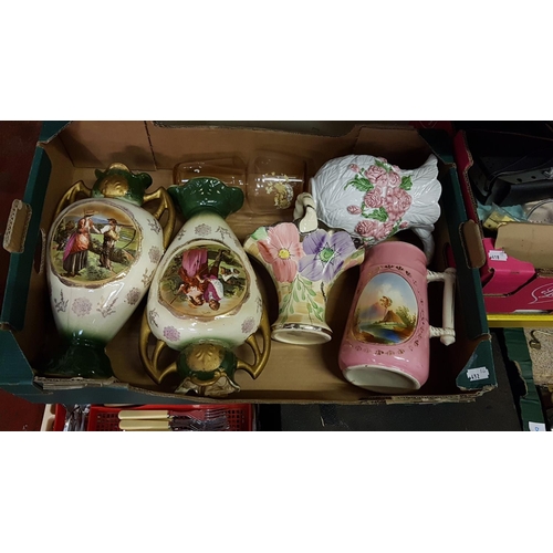 4 - Box of Assorted China Including Vintage Jugs, Flower Basket, Double Handled Vases etc.