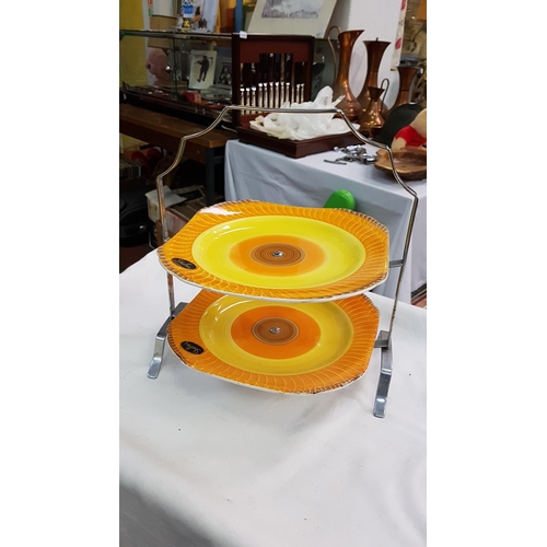 450 - Shelley Art Deco Orange Brown and Yellow Harmony Two Tier Cake Stand with Original Shelley Labels c.... 