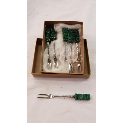 455 - Set of Six Aztec Mayan Caved Jade Mexican Sterling Silver Mini Forks - Marked 925.