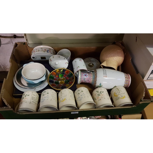 5 - Box of Assorted China to Include Cups, Oriental Vase, Trinket Boxes, Jug & a Wooden Barometer etc.