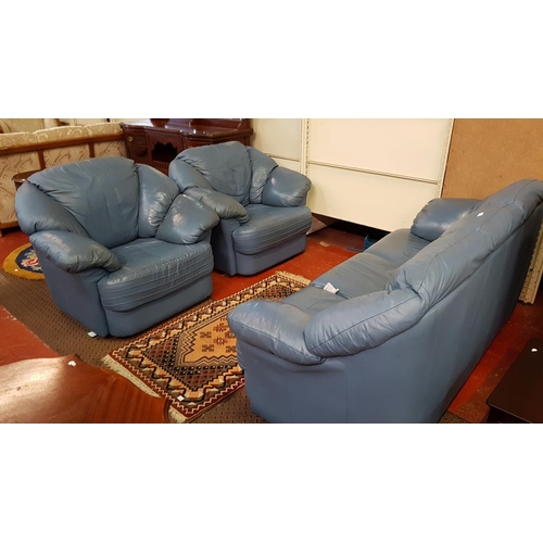 532 - Blue Leather Effect Three Piece Suite Comprising of Three Seater Settee & Two Matching Arm Chairs.