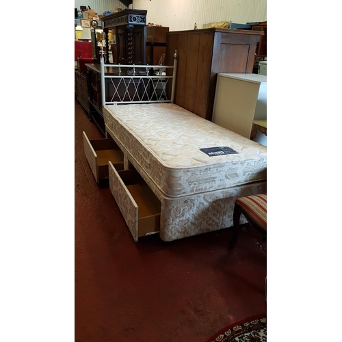 548 - Single Divan Based Bed with Two Drawers and Myer's Piccadilly Mattress & White Metal Headboard.