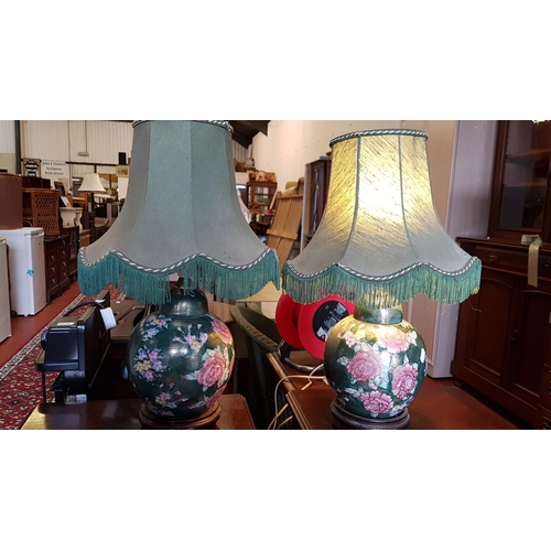 597 - Pair of Green Oriental Style Ginger Jar Based Table Lamps with Shades - one requires rewiring.