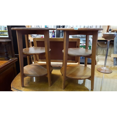 615 - Pair of Circular Three Shelf Oak Finish Occasional Tables - Approx 63cm tall x 45cm diameter