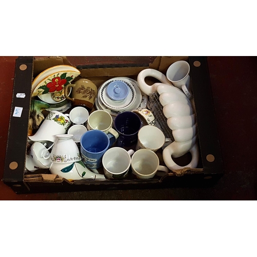 64 - Box of Assorted China Including Mugs, Ceramic Figures, Queen Anne Plates, Vase, Glass Dishes etc.