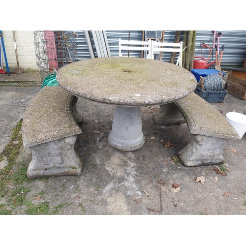 676 - Heavy Concrete Feature Garden Table with Twin Concrete Curved Bench Seats - approx 28