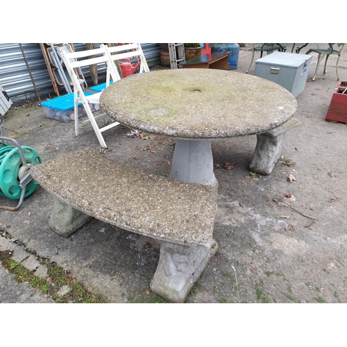 676 - Heavy Concrete Feature Garden Table with Twin Concrete Curved Bench Seats - approx 28