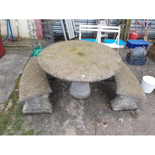 676 - Heavy Concrete Feature Garden Table with Twin Concrete Curved Bench Seats - approx 28