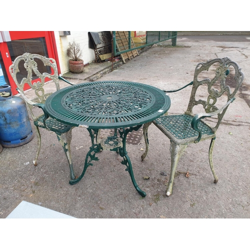 680 - Green Aluminium Metal Garden Table & Two Chairs.