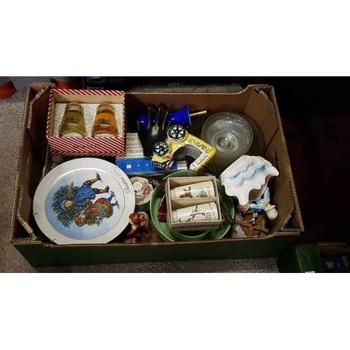 92 - Box of Assorted China & Glassware Including Boxed Set of Shot Glasses.