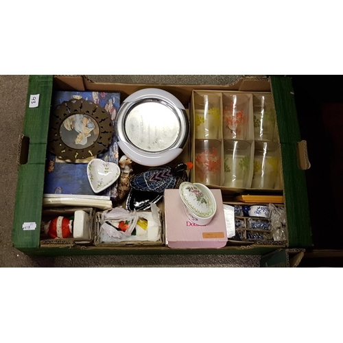 93 - Box to Include Boxed Glasses Set, Royal Doulton Lidded Box, Ceramic Napkin Rings, Stationary etc.