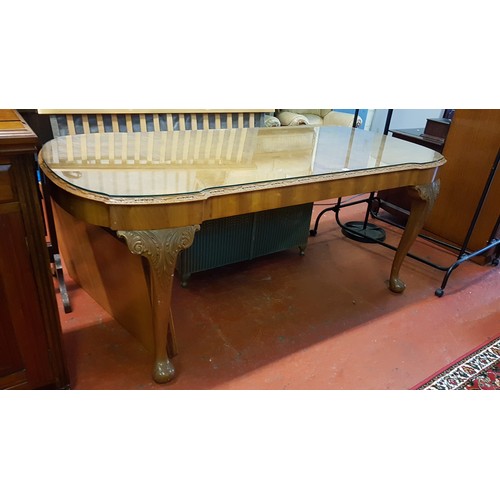 616 - Large Burr Walnut Finished Dining Table with Carved Legs & Sides and Glass Fitted Top - Approx 31