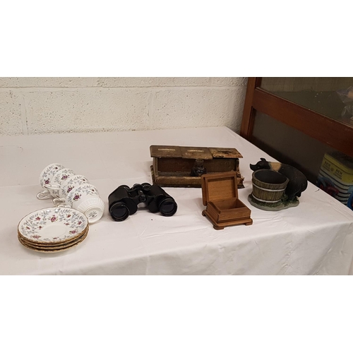 16 - Box to Include Vintage Wooden Desk Tidy, Greenkat Binoculars, Royal Stafford Cups & Saucers etc.