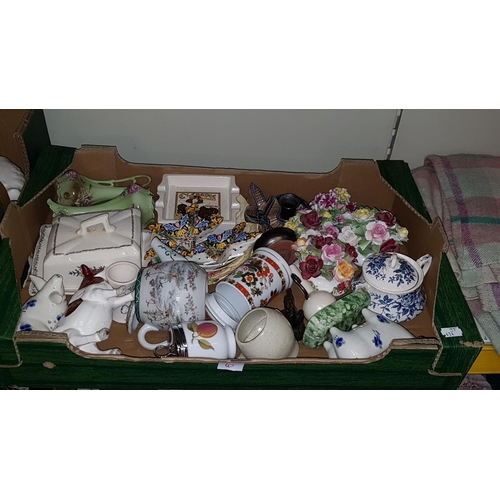 6 - Box of Assorted China Including Ceramic Flower Posies, Royal Worcester, Cow Figures, Carltonware etc... 