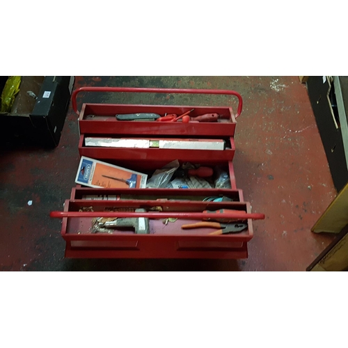 63 - Red Metal Tool Box with Quantity of Tools Including Screwdrivers, Pliers, Spirit Level, Measuring Ta... 