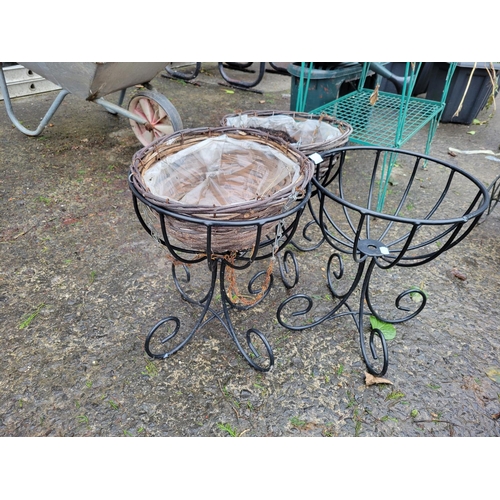 658 - Three Metal Bowl Plant Stands & Two Hanging Baskets.