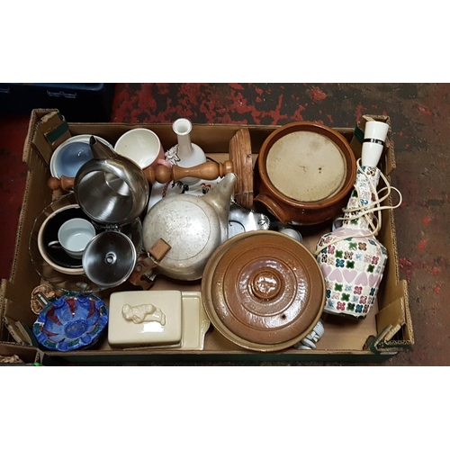 66 - Box to Include Cooking Pots, Decorative Table Lamp Base, Butter Dish & Lid, Bowls etc.