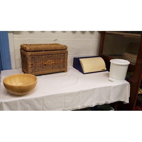 68 - Wicker Storage Box with Items Including Large Wooden Bowl, Plastic Bread Bin, Plastic Pedal Bin.