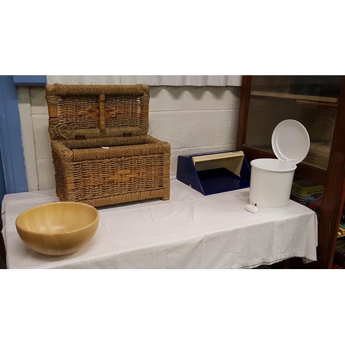 68 - Wicker Storage Box with Items Including Large Wooden Bowl, Plastic Bread Bin, Plastic Pedal Bin.