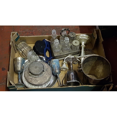 71 - Box of Assorted Plated Ware Including Ice Bucket, Coasters, Condiment Set on Stand etc.