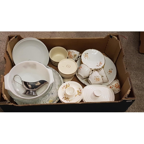 90 - Box of Assorted China Including Floral Set, Butter Dish, Bowls, Glass Plate etc.