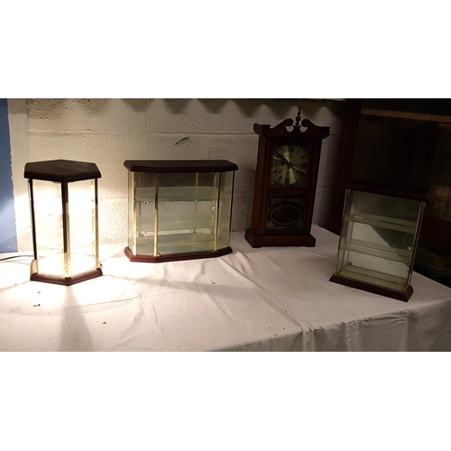 93 - Three Glazed Table Top Display Cabinets & Mantel Clock.