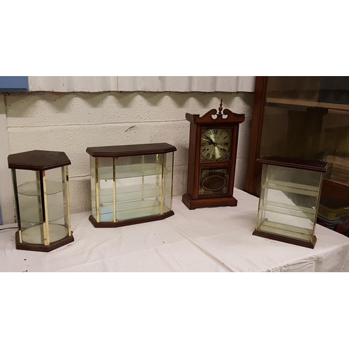 93 - Three Glazed Table Top Display Cabinets & Mantel Clock.