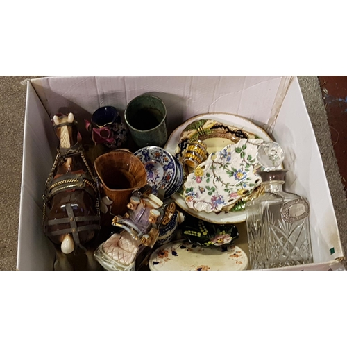 94 - Box to Include Silver Plated Topped Cut Glass Decanter, Plates, Vases, Shire Horse etc.