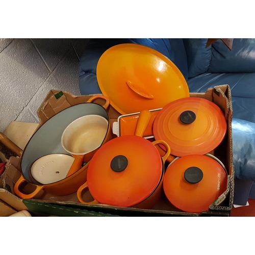 125 - Quantity of Orange Cast Cook Pots to Include Le Crueset & Cousances - Le Cruset items are : double h... 