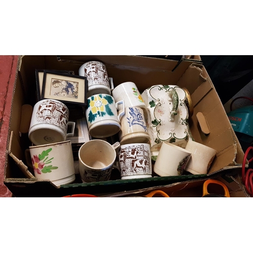 127 - Box to Include Vintage Mugs, Cheese Dish & Lid, Framed Etchings, Portraits & Prints.