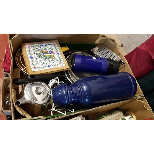 129 - Box to Include Two Blue Flasks, Frying Pans, Teapot etc.