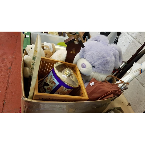 131 - Box to Include Assorted Plush Toys, Umbrellas, Wicker Bowls etc.