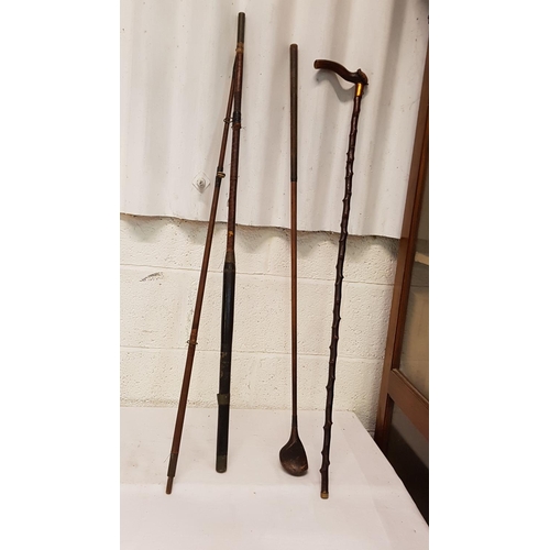 132 - Vintage Cane Fishing Rod, Wooden Golf Club & Walking Stick.