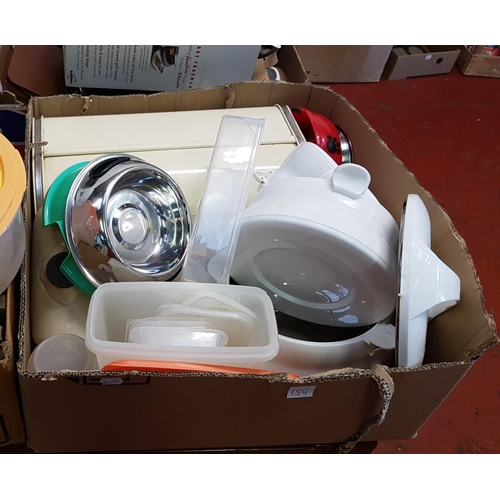 154 - Box to Include Bread Bin, Tupperware, Stoneware, Hot Water Bottle etc.
