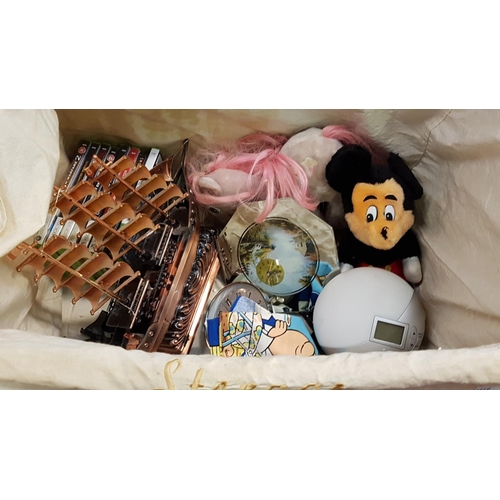 156 - Large Wicker Laundry Hamper & Contents Including Xbox 360 Games, Model Ship, Clocks etc.