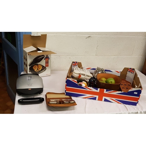 160 - Box to Include Boxed George Foreman Grilling Machine, Telephone, Coasters, Stainless Pots etc.