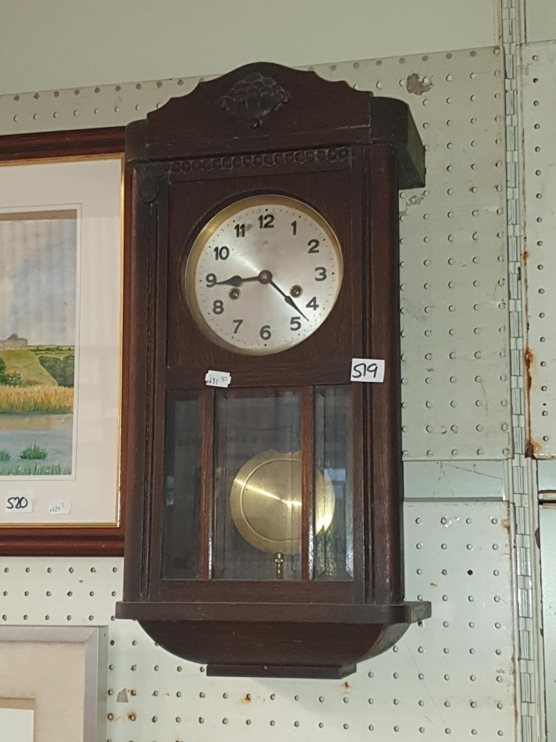 Oak Cased Wall Clock with Pendulum & Key.