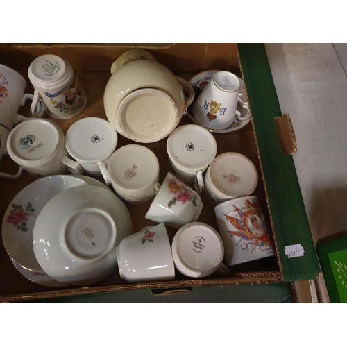 114 - Box of Commemorative Ware Including Coffee Pot Along with Victoria China Tea for Two Set.